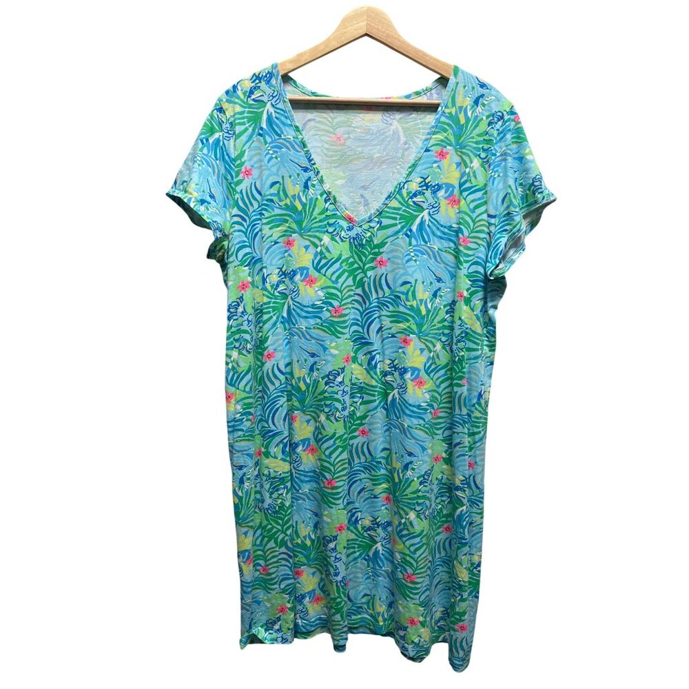 Lilly Pulitzer Green and Blue Floral Etta V-Neck Via Parigi Dress - Picture 3 of 7